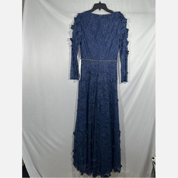 NEW $798‎ Mac Duggal [ 8 ] Floral Applique Long Sleeve Wrap Gown Blue - Picture 10 of 16